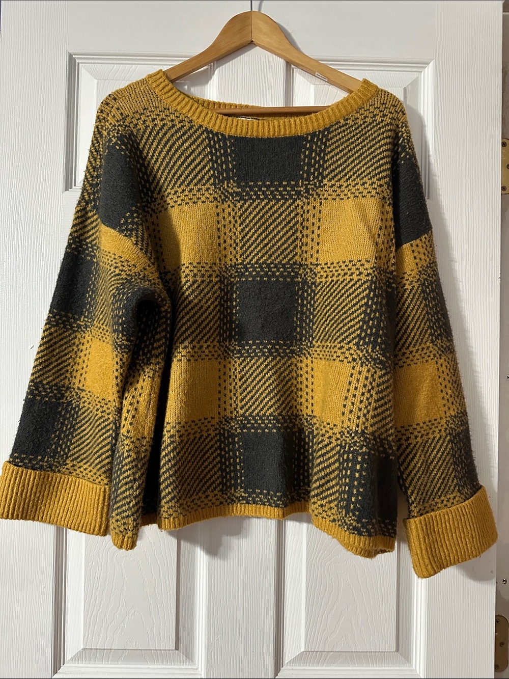 a.n.a Mustard and Charcoal Plaid Crewneck Sweater